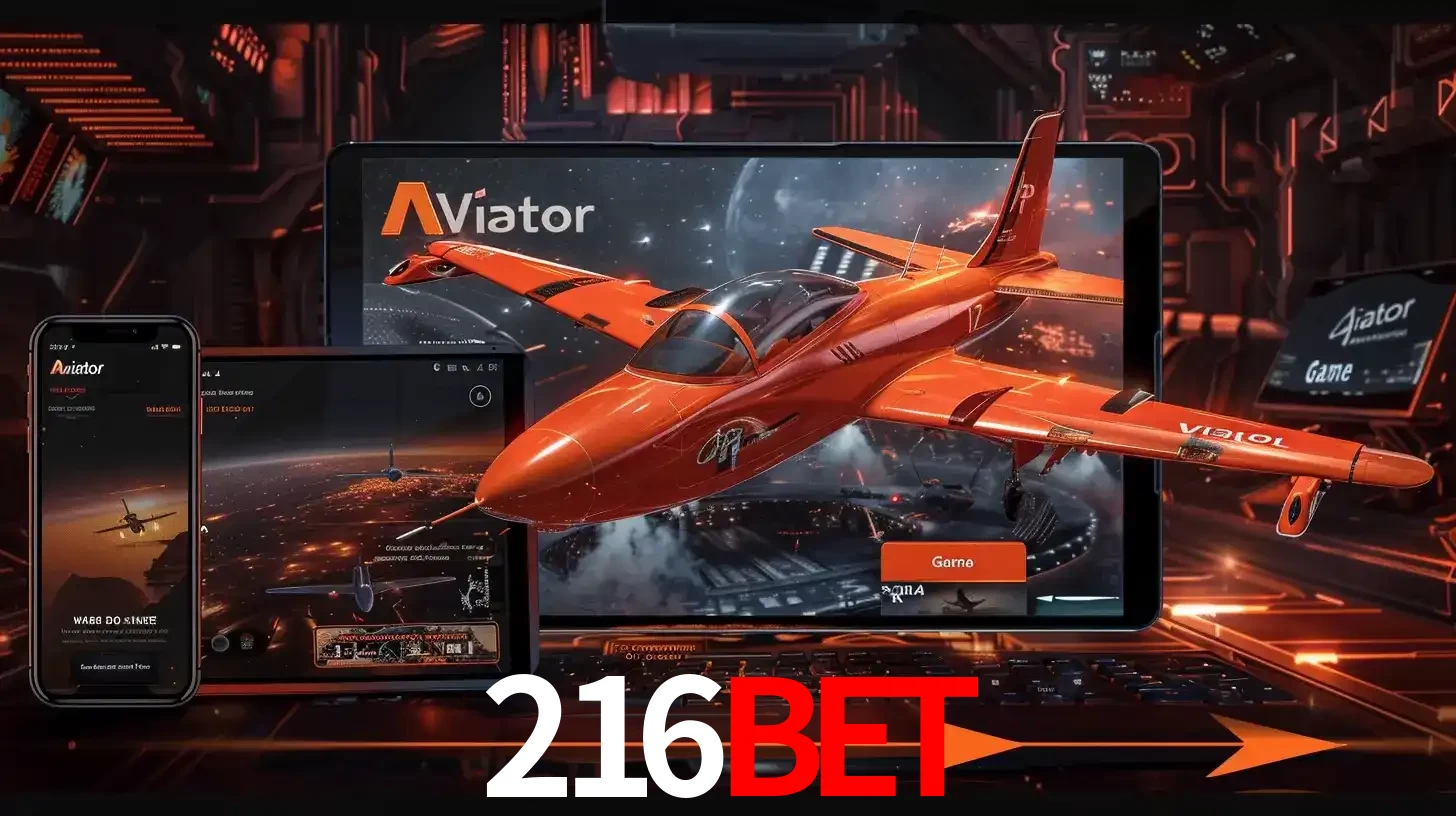 Apresentação tecnológica do jogo Aviator com um avião saindo da tela de um tablet, demonstrando a experiência imersiva em múltiplos dispositivos no 216bet.