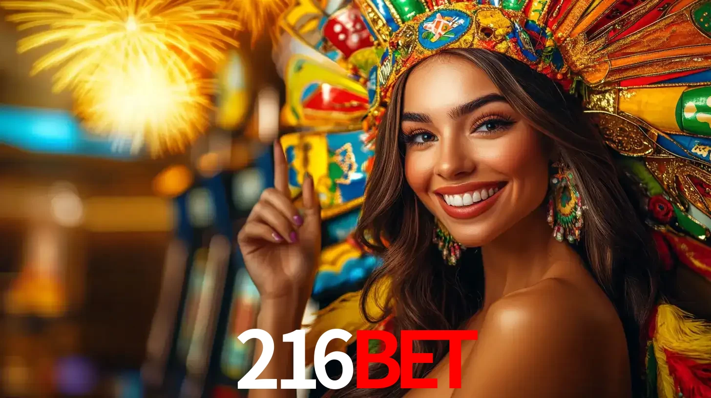 Mulher sorridente com um cocar de carnaval vibrante e colorido, celebrando uma grande vitória nos jogos do cassino 216bet com fogos de artifício ao fundo.
