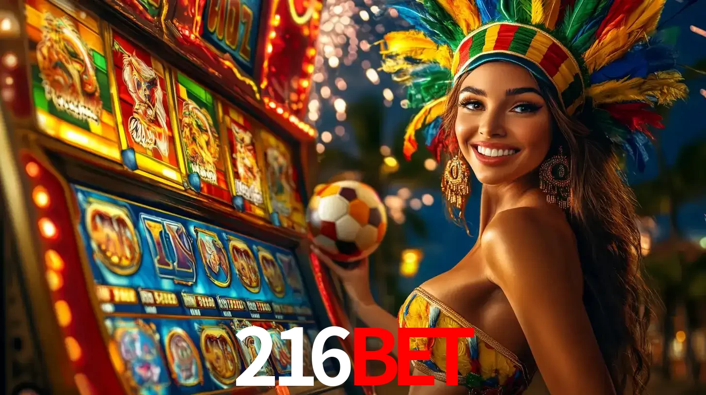 Mulher com um cocar de carnaval ao lado de uma máquina de caça-níqueis enquanto segura uma bola de futebol, mostrando a união da diversão de cassino e esportes no 216bet.