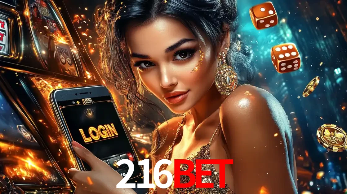 Mulher glamourosa segurando um celular com a tela de login do cassino 216bet, rodeada por dados e moedas douradas, pronta para começar a diversão.