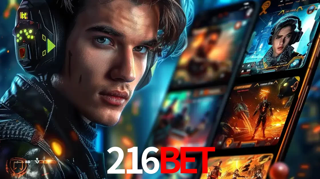 Jovem jogador com fones de ouvido olhando para a câmera, com um aplicativo de jogos e e-sports para celular ao fundo, pronto para a competição e apostas no 216bet.