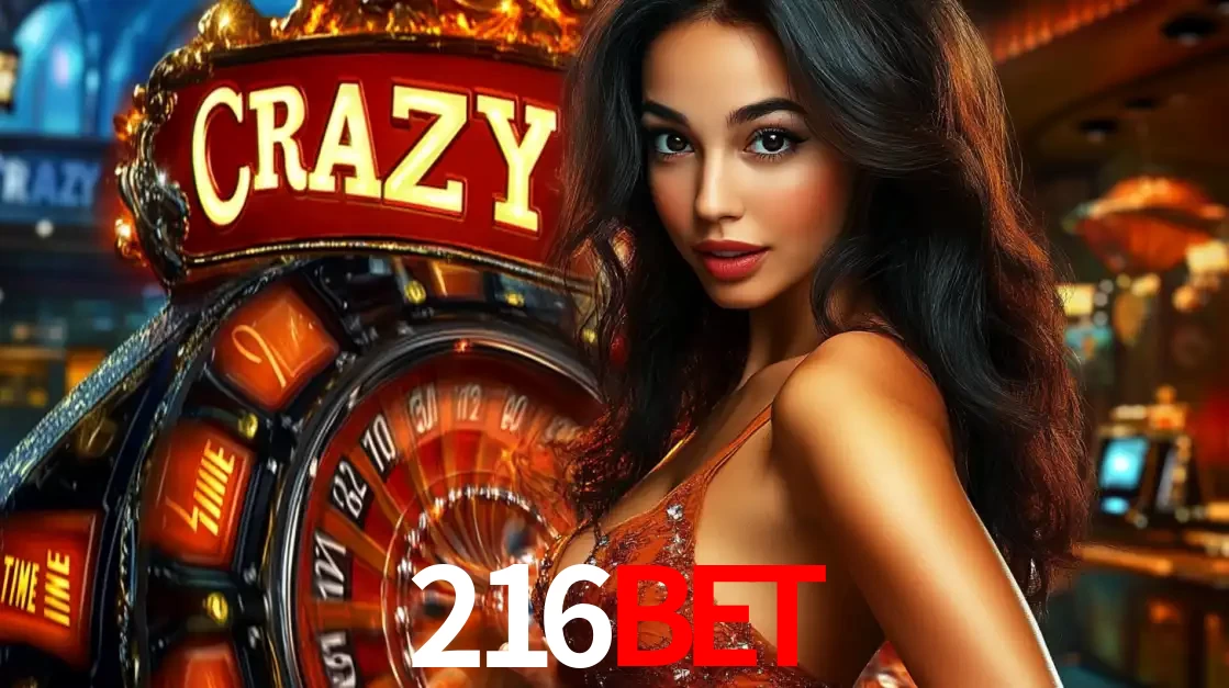 Mulher glamourosa olhando para a câmera com a roda vermelha do Crazy Time ao fundo em um ambiente de cassino, destacando a emoção dos jogos ao vivo no 216bet.