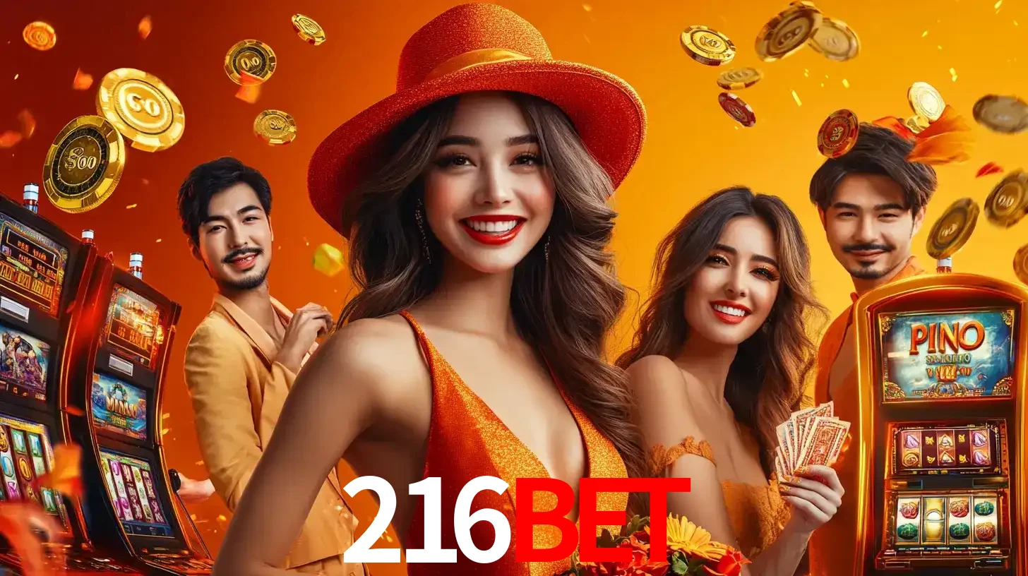 Grupo de amigos asiáticos sorrindo e se divertindo com máquinas de caça-níqueis em um ambiente festivo, celebrando suas vitórias nos jogos de cassino do 216bet.