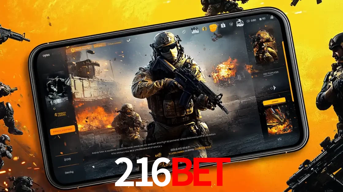 Um smartphone exibindo a interface de um jogo de tiro em primeira pessoa, com um soldado em um cenário de batalha, representando a ação dos e-sports para apostar no 216bet.