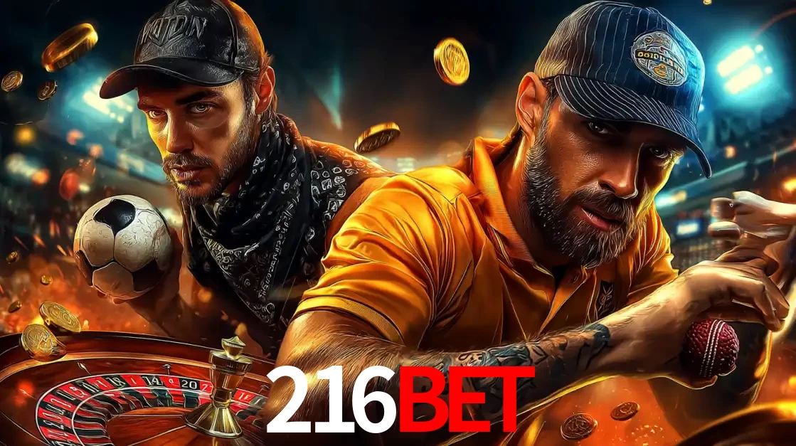 Montagem de apostas esportivas e cassino no 216bet, com um homem segurando uma bola de futebol e outro uma de beisebol sobre uma roleta e moedas voadoras.