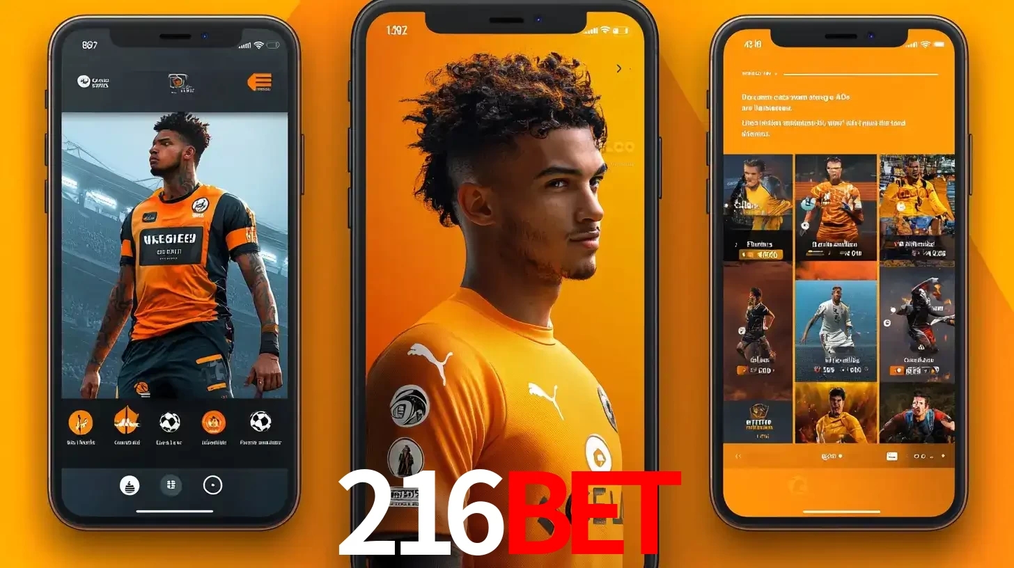 Interface do aplicativo de apostas esportivas 216bet em três telas de celular, mostrando o perfil de um jogador de futebol e a lista de jogos disponíveis para apostar.
