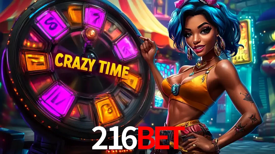 Mulher estilizada com cabelo azul e visual vibrante posando ao lado da roda de prêmios do game show Crazy Time, convidando para a diversão e os bônus do cassino 216bet.