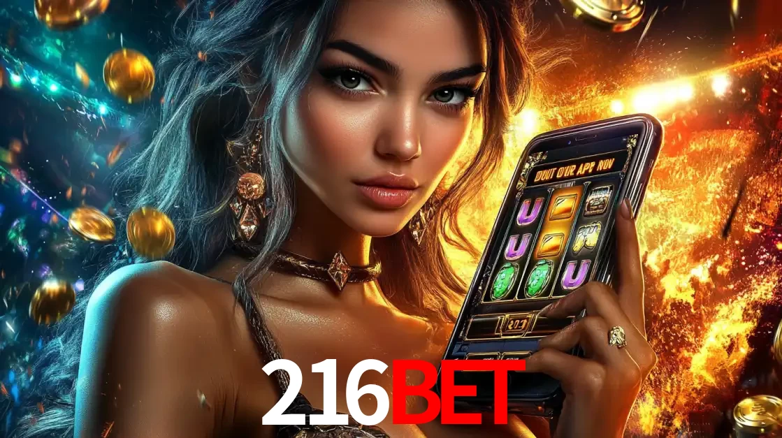 Mulher elegante mostrando um jogo de caça-níqueis em seu smartphone, destacando a experiência de cassino móvel oferecida pelo aplicativo 216bet.
