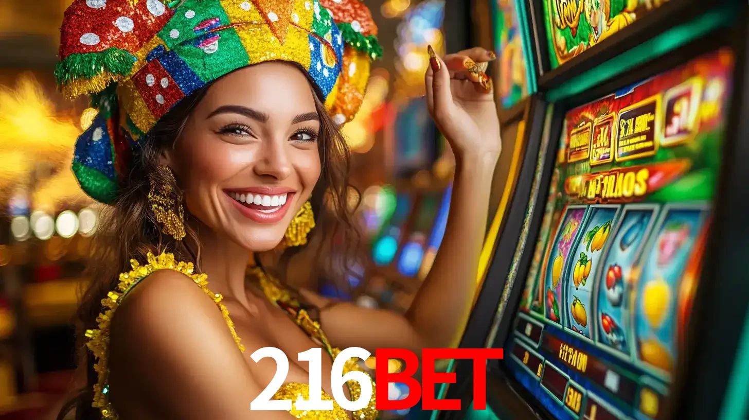 Mulher feliz com traje de carnaval amarelo e colorido ao lado de uma máquina de caça-níqueis, aproveitando a diversão e os jogos temáticos do cassino 216bet.