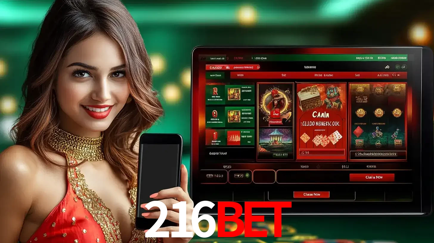 Mulher sorridente segurando um smartphone, ao lado de uma tela exibindo o lobby de jogos do cassino online 216bet, com várias opções de jogos de cartas e slots.